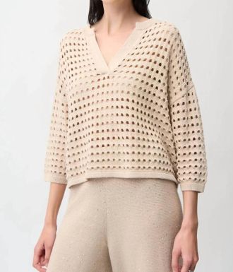 Joseph Ribkoff Sequined Open Knit V-Neck Boxy Sweater Top In Parchment
