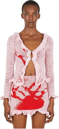 Louise Lyngh Bjerregaard Ruffle Trim Wool Cardigan - Dames - Vesten - Roze - S - Wol - Truien & Vesten
