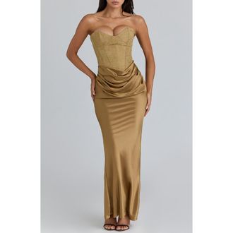 House of CB Aurelia Corset Bodice Strapless Satin Gown in Bronze at Nordstrom, Size X-Small