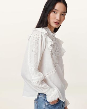 AllSaints Womens Ramie Heather Long Sleeve Lace Trimmed Top, Size: UK 16/US 12