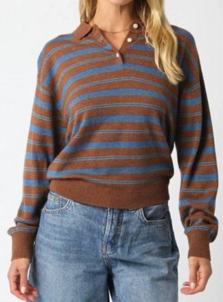Olivaceous Stripe Knit Collared Sweater In Brown/blue/green