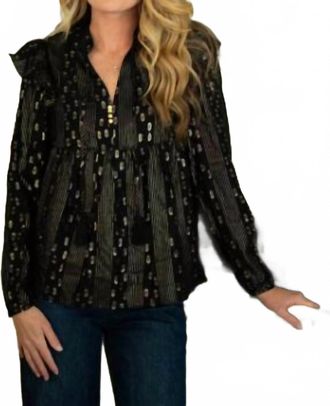 Sail to Sable Long Sleeve Ruffle Front Top In Lurex Clip Dot Black/gold