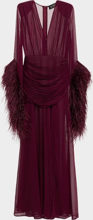 Bronx and Banco Geisha Feather-Cuff Silk-Blend Gown