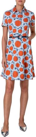 Akris Hello Sunshine Floral Belted Denim Shirtdress in Ink-Orange at Nordstrom, Size 6