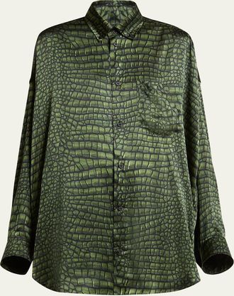 Balenciaga Crocodile Print Satin Button Down Cocoon Blouse