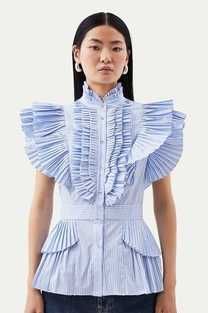 Karen Millen Sleeveless Striped Pleated Ruffle Blouse at Nordstrom, Size 10
