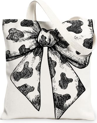 Generic Vintage Bow Canvas Tote Bags, Elegant Cow Print Reusable Grocery Bags, Lightweight Washable Shoulder Strap Canvas for Trave, White, 13x15 Inch