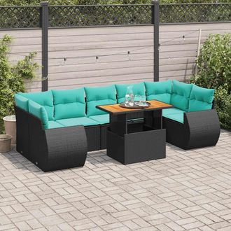 vidaXL Vidaxl Set De Sof&aacute;s De Jard&iacute;n Y Cojines 8 Piezas Rat&aacute;n Sint&eacute;tico Negro