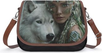 Generic Beauty And Wolf Crossbody Bag Womens Handbag PU Message Bags Shoulder Purse with Adjustable Strap