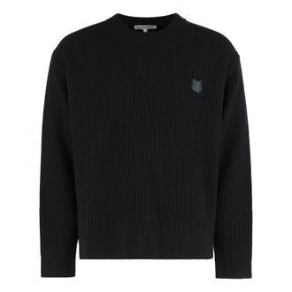 Maison Kitsun&eacute; Round-neck Knitwear, male, Black, Size: XL Ribbed Wool Sweater