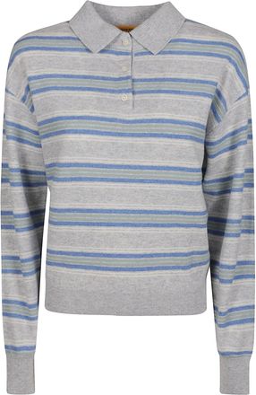 Guest In Residence Polo Neck Sweater in Variegated Blue and Grey Stripes