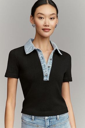 SER.O.YA Denim-Collar Short-Sleeve Sweater