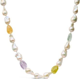 House of Brilliance 14K Yellow Gold Citrine, Amethyst, and Baroque Pearl Strand Necklace at Nordstrom