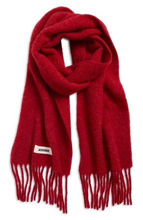 Jacquemus L&eacute;charpe Carro Mohair, Alpaca & Wool Blend Fringe Scarf in Dark Red 480 at Nordstrom