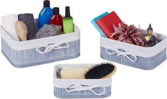 Relaxdays Cesto Almacenaje Set De 12, Bamb&uacute;, Tela, Caja Oganizadora Rectangular Estanter&iacute;a, Armario, 3 Tama&ntilde;os, Gris, Crema