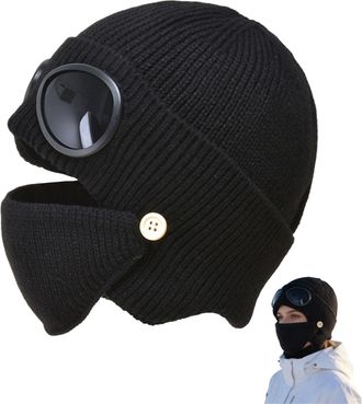 Generic Unisex Winter Ski Beanie Hat with Goggles and Detachable Mask for Skiing Cycling and Outdoor Activities (Black)