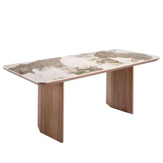 Angel Cerd&aacute; Rectangular Porcelain Marble Dining Table with Walnut in White