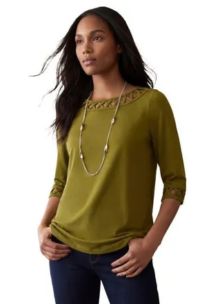 Jessica London Stretch Cotton Lattice Boatneck Tunic in Moss Green at Nordstrom, Size Medium