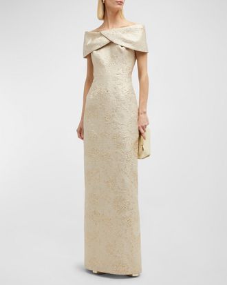 Teri Jon Off-Shoulder Jacquard Column Gown