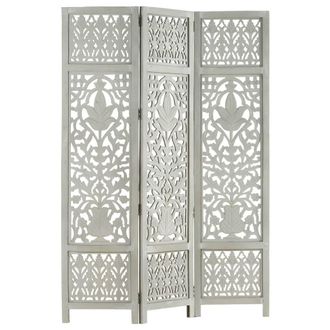 Berkfield Home Hand Carved 3-Panel Room Divider Grey 120x165 cm Solid Mango Wood