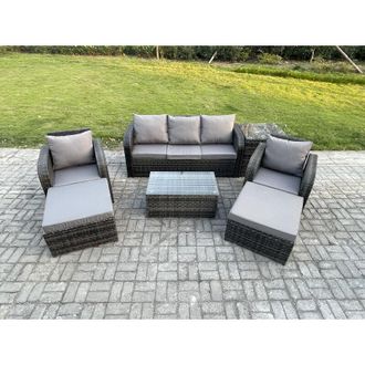 Fimous 7 Seater Rattan Garden Furniture Set Patio Outdoor Lounge Sofa Set with Rectangular Coffee Table 2 Big Footstool 3 Seater Sofa Side Table Dark Grey