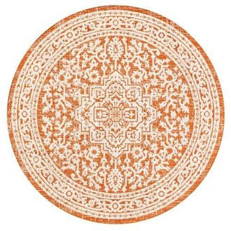 Jonathan Y Designs Sinjuri Medallion Textured Weave Indoor/Outdoor Round Area Rug in Orange/cream at Nordstrom, Size 5Ft 0In X 5Ft 0In