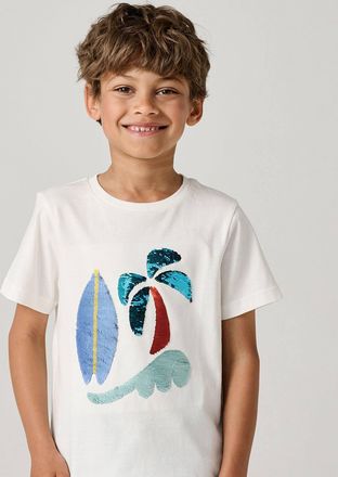 Vertbaudet Jungen T-Shirt mit Wende-Pailletten Oeko-Tex wollwei&szlig;