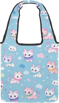 Generic Cute Cartoon Kitten Reversible Canvas Shoulder Tote - Double-Sided Print, 12oz Cotton, 27cm Drop, Fold-Flat Bag for Travel, Shopping, Street Outings