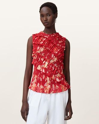 AllSaints Polyester Nysa Floral Print Ruffled Tank Top, Size: UK 14/US 10