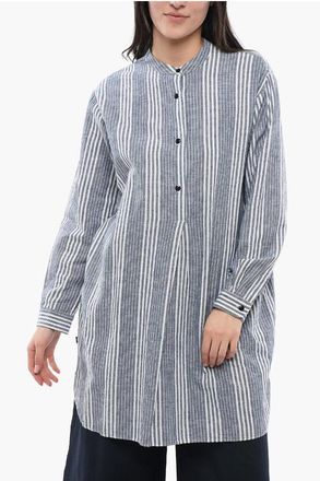 Woolrich Gestreept overhemd van biologisch katoen met mandarijnkraag in lichtblauw