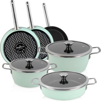 Magefesa Magefesa Nordic Bater&iacute;a Cocina Inducci&oacute;n 9 Piezas, Antiadherente Libre Pfoa Exterior Verde Menta Retro Vintage Verde