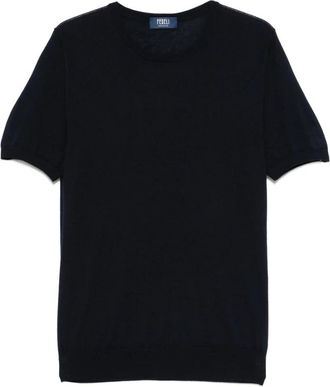 Fedeli Tops, Heren, Blauw, L, Blauwe Geribbelde Crew Neck Sweater