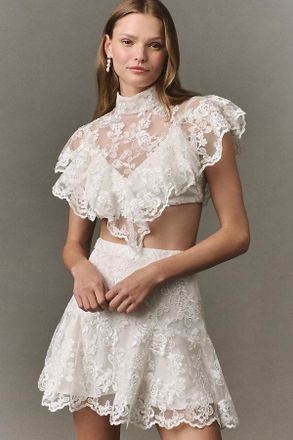 BHLDN Lace Ruffle Mock-Neck Top and Mini Skirt Set