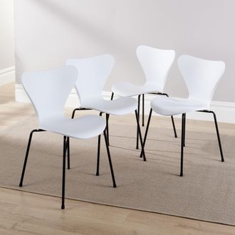 Home Source Industries Set 4 Dining Chairs Curved Iron Tube Legs PP Seat Retro Diner Kitchen in White