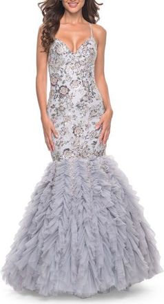 La Femme Mermaid Beaded Floral Gown with Ruffle Detailed Skirt in Silver at Nordstrom, Size 00