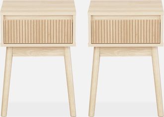 Sweeek Sweeek - Mesita Con Decoraci&oacute;n Madera 1 Caj&oacute;n, Set De 2, Linear, Natural, 39x39x55.4 Cm