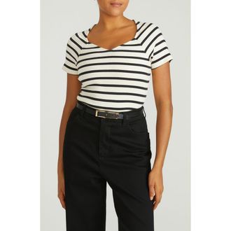 Universal Standard Carey Stripe V-Neck Cotton Rib Top in Ecru/Black Stripe at Nordstrom, Size Xs