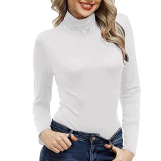 Generic Womens Turtleneck Long Sleeve Top Tight Slim Fit T Shirts Tunic Tops for Leggings Crewneck Basic Crop Tops Cream Blouses Black T Shirt Casual Wear Wee