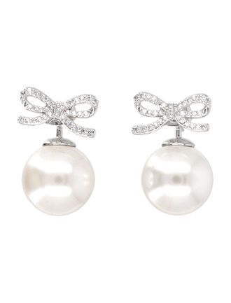 Self Portrait Silver Crystal Bow Pearl Earrings