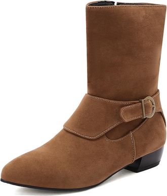 Generic Womens Retro Pointed Toe Suede Ankle Boots Buckle Strap Low Block Heels Side Zipper Comfortable Anti-Slip Wear-Resistant for Daily Street Date,Brown,1