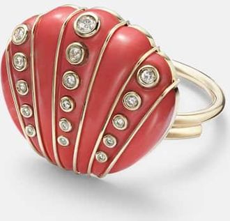 Yvonne L&eacute;on Yvonne L&eacute;on Coquillage Corail 9kt ring with diamonds and coral