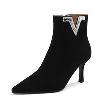 Generic Womens Suede Ankle Boots Pointed Toe Slim Stiletto Heels Side Zipper Metallic Detail Sleek Textured Finish Soft Lining Cushioned Insole Durable Outsol