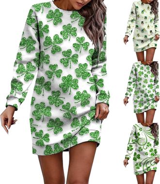 Generic Women St. Patricks Day Vintage Dresses Irish Dancing Dress Long Sleeve StPatricks Day A-line Dress Saint PatricksDay Costume with Round Neck Printed S