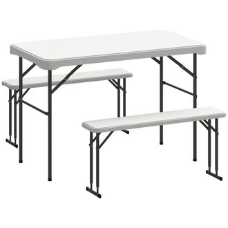 OUTSUNNY 3 Piece Folding Picnic Table and Bench Set w/ Handle - Light Grey | TJ Hughes