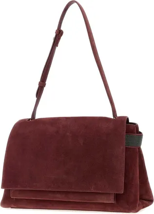 Brunello Cucinelli Womens Suede Shoulder Bag Burgundy Calf Bos Taurus