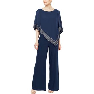 S.L. Fashions Asymmetrical Foil Trim Cape Jumpsuit in Navy/Silver at Nordstrom, Size 14P