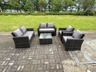 Fimous 6 Seater High Back Rattan Sofa Set Square Coffee Table Garden Furniture Patio With Love Sofa Arm Chairs in Dark Grey