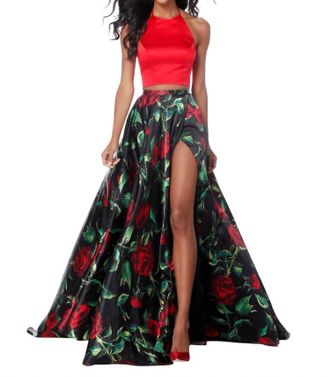 Sherri Hill Charmeuse Two-Piece Halter Casual Dress In Red/black Print