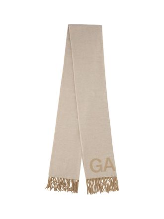Ganni Logo-Embroidered Wool Scarf - Beige