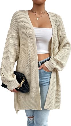 Feoya Women Ribbed Knit Cardigans Long Sleeve Sweaters Coat Casual Knitted Cardigan Draped Knitwear Sweater Womens Open Front Cardigans Apricot M
